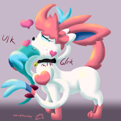 Size: 3000x3000 | Tagged: suggestive, artist:gyrotech, artist:sliversylvy, oc, oc:gwini (gyro), dragonair, eeveelution, fictional species, mammal, sylveon, feral, nintendo, pokémon, blue body, countershade, feathers, feral pred, feral prey, hammerspace stomach, horn, jewel, male, male pred, oral vore, ribbones, serpentine, signature, simple background, small pred, submissive, submissive male, text, vore, white body, white feathers
