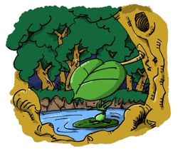 Size: 500x439 | Tagged: safe, artist:decoct, amphibian, frog, 2007, ambiguous gender, forest, leaf, lilypad, low res, plant, pond, solo, solo ambiguous, tree