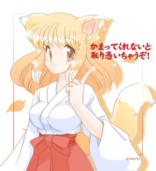 Size: 800x880 | Tagged: safe, artist:panto, animal humanoid, canine, fictional species, fox, mammal, humanoid, 2007, eared humanoid, female, fox ears, fox tail, japanese text, shrine maiden, solo, solo female, tail, tailed humanoid, text, translation request