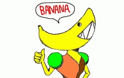 Size: 640x404 | Tagged: safe, artist:白菜, animate plant, fictional species, humanoid, 2007, ambiguous gender, banana, food, fruit, sharp teeth, simple background, solo, solo ambiguous, speech bubble, teeth, thumbs up, wat, white background