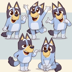 Size: 3063x3044 | Tagged: safe, artist:paulaperoff, bluey heeler (bluey), australian cattle dog, canine, dog, mammal, semi-anthro, bluey (series), 2023, blue body, blue fur, eyebrows, female, fur, gloves (arm marking), looking at you, narrowed eyes, open mouth, open smile, puppy, sitting, smiling, socks (leg marking), solo, solo female, young