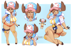 Size: 1487x1000 | Tagged: safe, artist:teranen, tony tony chopper (one piece), cervid, deer, mammal, reindeer, anthro, one piece, antlers, big butt, bottomwear, breasts, butt, cleavage, clothes, female, hat, headwear, huge breasts, jacket, rule 63, short shorts, shorts, solo, solo female, thick thighs, thighs, topwear, wide hips