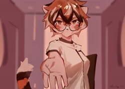 Size: 4096x2892 | Tagged: safe, artist:solis, waaifu (arknights), big cat, feline, mammal, tiger, anthro, arknights, 2023, clothes, female, fur, glasses, hair, indoors, round glasses, solo, solo female, tail