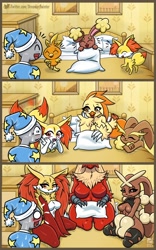 Size: 1000x1606 | Tagged: safe, artist:painterdreamer, blaziken, buneary, combusken, delphox, fennekin, fictional species, human, lopunny, mammal, mega lopunny, mega pokémon, torchic, anthro, feral, nintendo, pokémon, 2022, amazonian, bed, breasts, comic, detailed background, digital art, ear fluff, ears, eyelashes, eyes closed, featureless breasts, female, fluff, fur, hair, kneeling, looking at each other, male, male/female, neck fluff, nightcap, open mouth, pajamas, pillow, pokémon trainer, pose, size difference, starter pokémon, tail, thighs, this will end in snu snu, tongue, wide hips