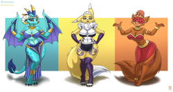 Size: 1280x680 | Tagged: safe, artist:painterdreamer, princess ember (mlp), cat, dragon, feline, fictional species, mammal, renamon, anthro, digimon, friendship is magic, hasbro, my little pony, 2022, accessories, bedroom eyes, belly dancer, belly dancer outfit, bikini, bikini top, black sclera, breasts, clothes, colored sclera, commission, digital art, dragon wings, dragoness, ears, evening gloves, eyelashes, female, females only, fluff, fur, gloves, horns, legwear, loincloth, long gloves, looking at you, maid outfit, neck fluff, one eye closed, pose, scales, simple background, stockings, swimsuit, tail, thighs, trio, trio female, wide hips