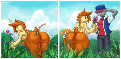 Size: 1280x626 | Tagged: suggestive, artist:painterdreamer, arthropod, bee, combusken, fictional species, human, insect, mammal, anthro, nintendo, pokémon, 2022, beak, bent over, breasts, butt, comic, commission, detailed background, digital art, duo, duo male and female, ears, eyelashes, female, flower, fur, grass, hair, hand on butt, huge butt, male, open mouth, pain, plant, pokémon trainer, pose, short tail, starter pokémon, stung, tail, thighs, wide hips