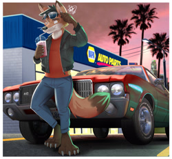 Size: 4277x3933 | Tagged: safe, artist:hinget, oc, oc only, canine, fox, mammal, anthro, digitigrade anthro, black nose, bottomwear, car, clothes, digital art, drink, ears, fur, glasses, glasses on head, hair, jacket, male, pants, shirt, solo, solo male, sunglasses, sunglasses on head, tail, thighs, topwear, vehicle, workshop