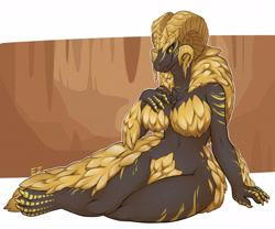 Size: 1600x1332 | Tagged: safe, artist:eternityzinogre, fictional species, kulve taroth, monster, reptile, anthro, monster hunter, 2019, belly button, breasts, digital art, ears, eyelashes, female, horns, pose, scales, sitting, solo, solo female, tail, thighs, wide hips