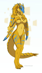 Size: 800x1384 | Tagged: safe, artist:eternityzinogre, fictional species, monster, reptile, tigrex, wyvern, anthro, digitigrade anthro, capcom, monster hunter, 2013, belly button, breasts, digital art, ears, eyelashes, featureless breasts, featureless crotch, female, pose, scales, solo, solo female, tail, thighs, wide hips