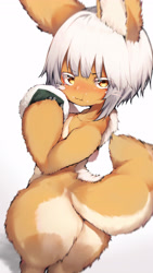 Size: 2302x4096 | Tagged: suggestive, artist:tab head, nanachi (made in abyss), lagomorph, mammal, rabbit, anthro, made in abyss, blushing, butt, female, fur, hair, looking at you, multicolored fur, simple background, solo, solo female, tail, two toned body, two toned fur, white background, white body, white fur, yellow eyes