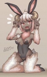Size: 1480x2380 | Tagged: suggestive, artist:zinfyu, oc, oc only, oc:sakura hichuena (zinfyu), bovid, caprine, mammal, sheep, anthro, 2018, blushing, breasts, bunny ears, bunny suit, clothes, digital art, double peace sign, ears, eyelashes, female, fluff, fur, glasses, hair, high heels, horn, horns, kneeling, leotard, looking at you, nipple tape, open mouth, pasties, round glasses, shoes, solo, solo female, tail, thighs, tongue, wide hips
