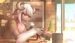 Size: 4240x2460 | Tagged: safe, artist:zinfyu, oc, oc only, oc:sakura hichuena (zinfyu), bovid, caprine, mammal, sheep, anthro, 2018, bedroom, bedroom eyes, blushing, breasts, chair, chest fluff, clothes, detailed background, digital art, drinking, ears, eyelashes, female, floppy ears, fluff, fur, glasses, hair, horn, horns, indoors, looking down, round glasses, shirt, sitting, solo, solo female, table, tail, thighs, topwear, wide hips