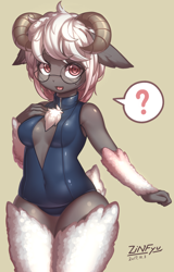 Size: 1080x1690 | Tagged: suggestive, artist:zinfyu, oc, oc only, oc:sakura hichuena (zinfyu), bovid, caprine, mammal, sheep, anthro, 2017, bedroom eyes, blushing, breasts, cameltoe, chest fluff, clothes, digital art, ears, eyelashes, female, fluff, fur, glasses, hair, horn, horns, one-piece swimsuit, open mouth, round glasses, short tail, solo, solo female, swimsuit, tail, thighs, tongue, wide hips