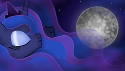 Size: 3840x2160 | Tagged: safe, artist:angryprogrockbrony, princess luna (mlp), alicorn, equine, fictional species, mammal, pony, feral, friendship is magic, hasbro, my little pony, 2023, crown, ethereal mane, eyelashes, eyes closed, female, headwear, high res, horn, jewelry, mare, moon, regalia, solo, solo female, wallpaper