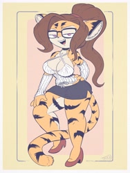 Size: 3072x4096 | Tagged: safe, artist:combelart, big cat, feline, mammal, tiger, anthro, absolute cleavage, bedroom eyes, big breasts, big butt, breasts, butt, cleavage, clothes, female, glasses, high heels, looking at you, open mouth, open smile, shoes, short skirt, smiling, smiling at you, solo, solo female, thick thighs, thighs, wide hips
