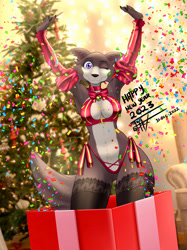 Size: 1349x1800 | Tagged: safe, artist:taka studio, juno (beastars), canine, mammal, wolf, anthro, beastars, 2023, armpits, belly button, bikini, black nose, breasts, cheek fluff, christmas, christmas tree, clothes, conifer tree, detailed background, digital art, ears, evening gloves, eyelashes, female, fluff, fur, gloves, holiday, legwear, long gloves, looking at you, new year, one eye closed, present, solo, solo female, stockings, swimsuit, tail, thighs, tree, wide hips