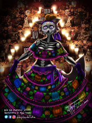 Size: 959x1280 | Tagged: safe, artist:taka studio, juno (beastars), canine, mammal, wolf, anthro, beastars, 2022, belly button, black nose, body paint, bottomwear, breasts, cheek fluff, clothes, day of the dead, detailed background, digital art, dress, ears, eyelashes, female, fluff, fur, looking at you, solo, solo female, tail, thighs, wide hips