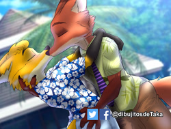 Size: 1000x756 | Tagged: safe, artist:taka studio, nick wilde (zootopia), canon x oc, oc, canine, fox, mammal, anthro, disney, zootopia, 2022, anthro/anthro, black nose, bottomwear, clothes, commission, detailed background, digital art, duo, duo male, ears, eyes closed, fur, kissing, male, male/male, males only, necktie, pants, shipping, shirt, tail, topwear