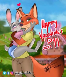 Size: 1578x1828 | Tagged: safe, artist:taka studio, judy hopps (zootopia), nick wilde (zootopia), canine, fox, lagomorph, mammal, rabbit, anthro, digitigrade anthro, disney, zootopia, 2023, anthro/anthro, black nose, breasts, clothes, detailed background, digital art, duo, duo male and female, ears, eyelashes, female, fur, holiday, looking at you, male, male/female, tail, thighs, valentine's day, wide hips