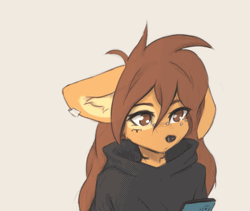 Size: 799x673 | Tagged: safe, artist:tinygaypirate, oc, oc only, oc:apogee (tinygaypirate), canine, dog, mammal, anthro, 2d, 2d animation, animated, brown eyes, brown hair, cell phone, clothes, cute, ears, female, fur, gif, hair, multicolored fur, nose piercing, orange body, orange fur, phone, piercing, smartphone, solo, solo female, tattoo, two toned body, two toned fur