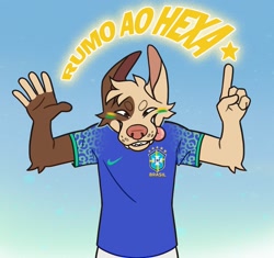 Size: 1695x1593 | Tagged: safe, artist:giu, oc, canine, mammal, anthro, fifa, world cup, 2022, brazil, brown body, brown eyes, brown fur, clothes, digital art, fur, fursona, jersey, looking at you, portuguese text, solo, text, tongue, tongue out