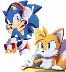 Size: 1868x2048 | Tagged: safe, artist:steffy_bs, miles "tails" prower (sonic), sonic the hedgehog (sonic), canine, fox, hedgehog, mammal, anthro, sega, sonic the hedgehog (series), duo, duo male, headphones, headwear, male, males only