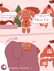 Size: 1600x2100 | Tagged: safe, artist:that_j, animate food, animate object, bear, fictional species, mammal, anthro, semi-anthro, christmas, cookie, food, gingerbread cookie, grab, holiday, hungry, imminent death, imminent vore, jolly, santa claus, snatched, swipe, treats, unexpected, visit