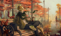 Size: 1280x765 | Tagged: safe, artist:shamerli, cheetah, feline, mammal, rodent, squirrel, anthro, autumn, bench, bottomwear, clothes, coffee, crossed legs, drink, eyes closed, fence, goggles, goggles on head, hands in pockets, jacket, lamp post, male, pants, plant, scarf, shoes, sitting, smiling, solo, solo male, topwear, tree, warm colors, wires