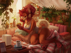 Size: 1200x893 | Tagged: safe, artist:bypbap, canine, mammal, anthro, digitigrade anthro, barefoot, bedroom, blanket, bottomwear, breasts, cell phone, cleavage, clothes, coffee, coffee mug, couch, cozy, day, drink, ear fluff, female, fluff, glasses, hair, hair bun, indoors, lights, midriff, paw pads, paws, phone, pillow, plant, plushie, relaxing, round glasses, short shorts, shorts, smartphone, solo, solo female, tail, tail fluff, tank top, topwear, toy, warm colors