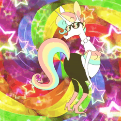 Size: 640x640 | Tagged: safe, artist:kyra kupetsky, oc, oc only, oc:late bloomicorn (kyra kupetsky), equine, fictional species, mammal, unicorn, anthro, 2d, 2d animation, animated, arm hooves, boots, breasts, butt, butt shake, clothes, crop top, female, high heel boots, hooves, jewelry, midriff, music, national unicorn day, necklace, pearl necklace, puckered lips, shirt, shoes, solo, solo female, sound, stars, tail, topwear, twerking, webm