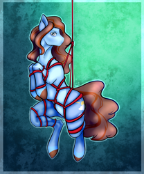 Size: 2500x3000 | Tagged: safe, artist:lake reu, oc, earth pony, equine, fictional species, mammal, pony, feral, hasbro, my little pony, blue body, blue fur, bondage, brown hair, cutie mark, digital art, ears, fur, gray eyes, green background, hair, hanging, hooves, looking at you, male, rope bondage, shibari, signature, simple background, solo, solo male, stallion, tail