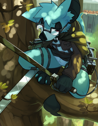 Size: 888x1138 | Tagged: safe, artist:ozoneserpent, oc, oc only, bat, mammal, anthro, digitigrade anthro, shingeki no kyojin, 2019, commission, detailed background, digital art, ears, fur, glasses, hair, male, solo, solo male, sword, tail, thighs, weapon