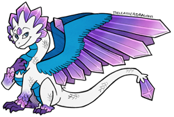 Size: 2799x1887 | Tagged: safe, artist:theleatherdragoni, dragon, fictional species, reptile, feral, 2020, blue eyes, blue feathers, claws, dragoness, feathered wings, feathers, female, flashwing (skylanders), gemstone, hand on chest, scales, simple background, sitting, skylanders (series), smiling, solo, solo female, transparent background, white body, wings