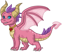 Size: 1086x923 | Tagged: safe, artist:theleatherdragoni, ember the dragon (spyro), dragon, fictional species, western dragon, feral, spyro the dragon (series), 2015, 2d, activision, blue eyes, claws, double outline, female, gritted teeth, jewelry, looking up, necklace, pink body, pink scales, purple scales, scales, signature, simple background, smiling, solo, solo female, standing, teeth, transparent background, webbed wings, wings, yellow scales