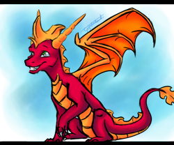 Size: 570x474 | Tagged: safe, artist:coastharbour, flame the dragon (spyro), dragon, fictional species, western dragon, spyro the dragon (series), 2012, 2d, abstract background, activision, green eyes, gritted teeth, horns, looking up, male, raised leg, red body, red scales, scales, sitting, smiling, solo, solo male, spread wings, tail, teeth, webbed wings, wings, yellow scales