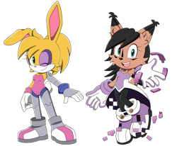 Size: 900x741 | Tagged: safe, artist:domesticmaid, bunnie rabbot (sonic), nicole the holo-lynx (sonic), feline, lagomorph, lynx, mammal, rabbit, anthro, archie sonic the hedgehog, sega, sonic the hedgehog (series), sonic x, 2020, 5 fingers, black hair, black nose, boots, breasts, brown body, brown fur, clothes, commission, cybernetic arm, cybernetic legs, digital art, dipstick ears, duo, duo female, ear fluff, ear tuft, female, females only, fingerless gloves, floating, floppy ear, fluff, fur, gloves, green eyes, hair, hologram, legwear, looking at you, one eye closed, open mouth, pink nose, shoes, short tail, simple background, smiling, smiling at you, sneakers, standing, tail, teeth, transparent background, two toned ears, watermark, white tail, yellow body, yellow hair