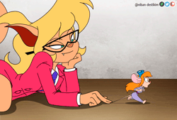 Size: 1254x850 | Tagged: safe, artist:niban-destikim, callie brigs (swat kats), gadget hackwrench (chip 'n dale: rescue rangers), cat, feline, mammal, mouse, rodent, anthro, chip 'n dale: rescue rangers, disney, hanna-barbera, swat kats, tom and jerry, 2d, 2d animation, animated, barefoot, bedroom eyes, crossover, cute, cute little fangs, duo, eyes closed, fangs, feet, female, glasses, parody, running, smiling, soles, tail, tail wag, teeth, thick thighs, thighs, toes, wide hips