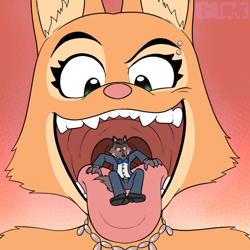 Size: 1200x1200 | Tagged: suggestive, artist:gum-k, diane foxington (the bad guys), mr. wolf (the bad guys), canine, fox, mammal, wolf, anthro, dreamworks animation, the bad guys, bust, clothes, duo, female, giant, giantess, jewelry, looking down, macro, macro/micro, male, maw, mawplay, mawshot, micro, mouth, open mouth, open smile, oral vore, piercing, size difference, size play, smiling, teeth, tongue, tongue out, uvula, vore