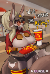 Size: 863x1280 | Tagged: suggestive, artist:duase, canine, mammal, wolf, anthro, mcdonald's, big breasts, bottomwear, braces, breasts, burger, cheese, clothes, dairy products, dialogue, drink, fast food, female, food, freckles, french fries, glasses, hair, hamburger, hat, headwear, indoors, large order of milk, legwear, looking at you, micro shorts, nose piercing, nudity, partial nudity, piercing, ponytail, round glasses, shirt, shorts, solo, solo female, sunglasses, talking, thigh highs, tongue, tongue out, topwear, tray