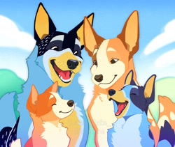 Size: 2048x1728 | Tagged: safe, artist:zibe_, bandit heeler (bluey), bingo heeler (bluey), bluey heeler (bluey), chilli heeler (bluey), australian cattle dog, canine, dog, mammal, feral, bluey (series), daughter, family, father, father and child, father and daughter, female, group, male, mother, mother and child, mother and daughter, mother and father, open mouth, open smile, parents, siblings, sister, sisters, smiling