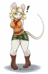Size: 1350x2100 | Tagged: safe, artist:ambris, ashley graham (resident evil), mammal, mouse, rodent, anthro, capcom, resident evil, 2023, belt, blonde hair, boots, bottomwear, clothes, digital art, ears, female, golden eyes, hair, moushley, scarf, shoes, simple background, skirt, solo, solo female, species swap, standing, sweater, tail, topwear, white background