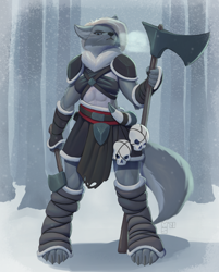 Size: 1722x2140 | Tagged: safe, artist:minnosimmins, canine, mammal, wolf, anthro, axe, clothes, female, loincloth, snow, solo, solo female, tail, tribal armor, weapon