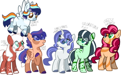 Size: 2145x1335 | Tagged: safe, artist:katsubases, artist:paradise1drawz, oc, oc only, equine, fictional species, mammal, pegasus, pony, unicorn, feral, friendship is magic, hasbro, my little pony, 2023, base used, eye through hair, feathered wings, feathers, female, group, hair, heterochromia, horn, magical lesbian spawn, mare, next generation, offspring, parent:applejack (mlp), parent:big macintosh (mlp), parent:cheese sandwich (mlp), parent:coloratur (mlp)a, parent:fancypants (mlp), parent:flash sentry (mlp), parent:fluttershy (mlp), parent:pinkie pie (mlp), parent:rainbow dash (mlp), parent:rarity (mlp), parent:soarin' (mlp), parent:twilight sparkle (mlp), parents:cheesepie (mlp), parents:flashlight (mlp), parents:fluttermac (mlp), parents:rarajack (mlp), parents:raripants (mlp), parents:soarindash (mlp), simple background, smiling, tail, white background, wings