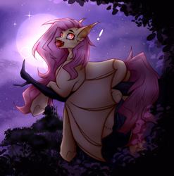 Size: 2592x2628 | Tagged: safe, artist:krissograph, flutterbat (mlp), fluttershy (mlp), bat pony, equine, fictional species, mammal, pony, feral, friendship is magic, hasbro, my little pony, 2023, apple, bat wings, butt, exclamation point, fangs, female, food, fruit, full moon, hair, high res, holding, looking at you, looking back, looking back at you, mane, mare, moon, mouth hold, night, pink hair, pink mane, pink tail, race swap, sharp teeth, solo, solo female, species swap, tail, teeth, tree branch, webbed wings, wings, yellow body