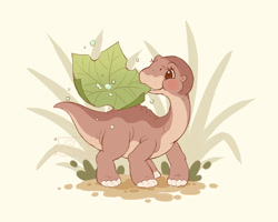 Size: 900x720 | Tagged: safe, artist:celesse, littlefoot (the land before time), apatosaurus, dinosaur, sauropod, feral, sullivan bluth studios, the land before time, 2023, 2d, cute, leaf, male, solo, solo male, young