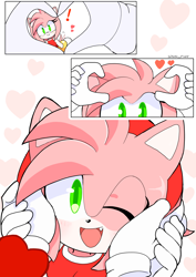 Size: 2428x3439 | Tagged: safe, artist:ecliptic_flare, amy rose (sonic), anthro, sega, sonic the hedgehog (series), 2023, accessory, ambiguous gender, black nose, bottomwear, clothes, countershading, cute, cute little fangs, digital art, disembodied hand, dress, eye contact, fangs, female, female/ambiguous, first person view, fully clothed, gesture, gloves, green eyes, hair, hair accessory, hair band, hairband, hand gesture, hand on hand, handwear, happy, heart, heart background, looking at you, multicolored face, multicolored skin, offscreen character, one eye closed, open mouth, open smile, pink body, pink hair, pink skin, pov, red clothes, red dress, sharp teeth, short hair, short tail, skin, smiling, smiling at you, tail, tail wag, tan countershading, tan skin, teeth, white gloves, wholesome