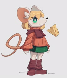 Size: 1672x1950 | Tagged: safe, artist:massivetwo, ashley graham (resident evil), mammal, mouse, rodent, anthro, capcom, resident evil, bottomwear, cheese, clothes, female, moushley, scarf, skirt, solo, solo female, sweater, tail, topwear