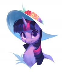 Size: 1256x1535 | Tagged: safe, artist:landypommel, twilight sparkle (mlp), equine, fictional species, mammal, pony, unicorn, feral, friendship is magic, hasbro, my little pony, 2020, bust, chest fluff, clothes, colored pupils, cute, female, flower, fluff, fur, hat, headwear, horn, looking at you, mare, multicolored mane, plant, portrait, purple body, purple fur, simple background, smiling, smiling at you, solo, solo female, sun hat, twiabetes, white background