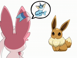 Size: 1440x1080 | Tagged: safe, artist:tontaro, eevee, eeveelution, espeon, fictional species, flareon, glaceon, jolteon, leafeon, mammal, sylveon, umbreon, vaporeon, feral, nintendo, pokémon, 2023, 2d, 2d animation, ambiguous gender, animated, blushing, digital art, dipstick tail, ears, eyes closed, fins, floppy ears, fluff, fur, hair, heart, impersonation, marker, neck fluff, open mouth, open smile, pose, ribbon, sitting, smiling, sound, speech bubble, tail, tongue, twisted tail, webm