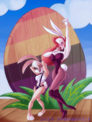 Size: 1503x2000 | Tagged: suggestive, artist:dawgweazle, jessica rabbit (roger rabbit), lola bunny (looney tunes), human, lagomorph, mammal, rabbit, anthro, looney tunes, warner brothers, who framed roger rabbit, blushing, bunny suit, clothes, dancing, duo, easter bunny, easter egg, female, female/female, sexy, stage